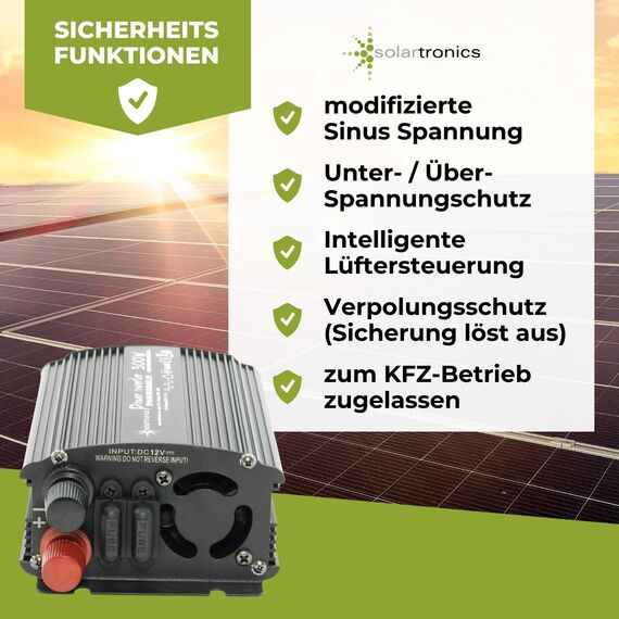 SOLARTRONICS Spannungswandler NM300 12V 300 Watt SCHWARZ - 600 Watt Spitzenleistung - Wechselrichter 12v auf 230v - Blei- oder AGM-Batterie kompatibel - mit Schuko- & USB Anschluss