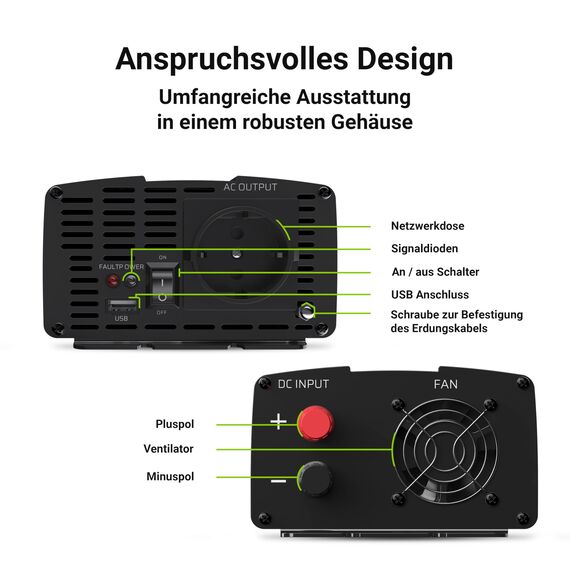 Green Cell 1000W/2000W 12V auf 230V Volt kfz Spannungswandler Wechselrichter Power Solar Inverter DC AC Umwandler Stromwandler Fahrzeuge Wohnwagen Auto Modifizierte Sinus Sine Wave Autoladegerät