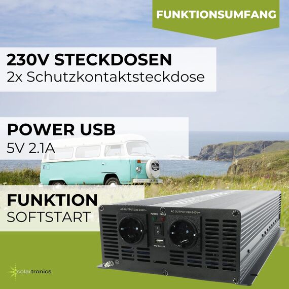 SOLARTRONICS Spannungswandler NM5000 12V 5000 Watt SCHWARZ - 10000 Watt Spitzenleistung - Wechselrichter 12 auf 230v - Blei- oder AGM-Batterie kompatibel - mit Schuko- & USB Anschluss