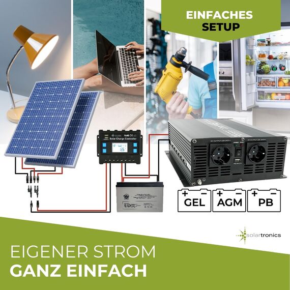 SOLARTRONICS Spannungswandler NM2500 12V 2500 Watt SCHWARZ - 5000 Watt Spitzenleistung - Wechselrichter 12v auf 230v - Blei- oder AGM-Batterie kompatibel - mit Schuko- & USB Anschluss