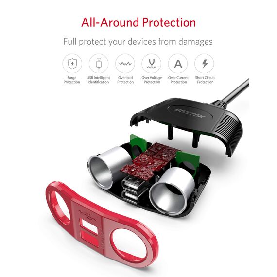 BESTEK Kfz-Ladegerät 12/24 V 150 W, 2 Zigarettenanzünder-Steckdosen & 2 USB-Anschlüsse, Kfz-Ladegerät für iPhone XS Max/iPhone X/8, iPad, Tablet, Smartphone (rot)