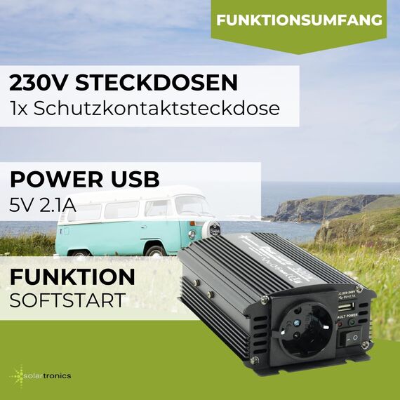 SOLARTRONICS Spannungswandler NM300 12V 300 Watt SCHWARZ - 600 Watt Spitzenleistung - Wechselrichter 12v auf 230v - Blei- oder AGM-Batterie kompatibel - mit Schuko- & USB Anschluss