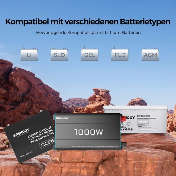 Renogy 1000W/2000W 12V zu 230V Reiner Sinus-Wechselrichter mit Netzvorrangschaltung, 12v auf 230v Spannungswandler mit 2 Europäische Steckdose für Haushaltsgeräten Wohnmobile, LKW, Boote, Camping