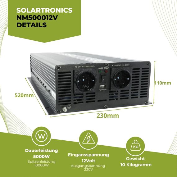 SOLARTRONICS Spannungswandler NM5000 12V 5000 Watt SCHWARZ - 10000 Watt Spitzenleistung - Wechselrichter 12 auf 230v - Blei- oder AGM-Batterie kompatibel - mit Schuko- & USB Anschluss