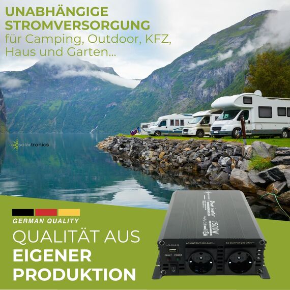 SOLARTRONICS Spannungswandler NM1500 12V 1500 Watt SCHWARZ - 3000 Watt Spitzenleistung - Wechselrichter 12v auf 230v - Blei- oder AGM-Batterie kompatibel - mit Schuko- & USB Anschluss