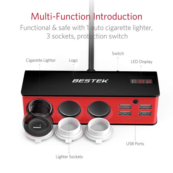 BESTEK 3 Steckdosen, 200 W, 12 V/24 V DC, Zigarettenanzünder-Netzadapter mit 6 A 4-Port-Auto-USB-Splitter-Ladegerät