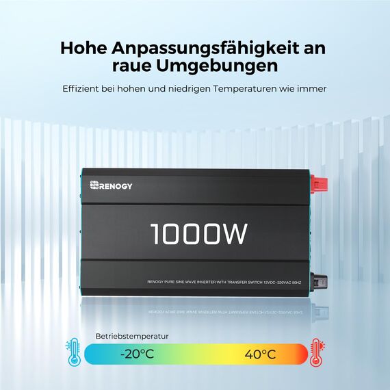 Renogy 1000W/2000W 12V zu 230V Reiner Sinus-Wechselrichter mit Netzvorrangschaltung, 12v auf 230v Spannungswandler mit 2 Europäische Steckdose für Haushaltsgeräten Wohnmobile, LKW, Boote, Camping