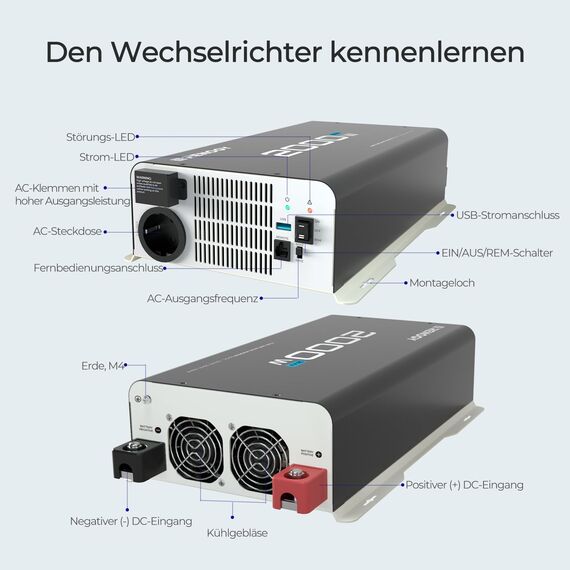 Renogy 2000W/4000W 24V auf 230V Reiner Sinus Wechselrichter Spannungswandler Konverter DC zu AC Umwandler mit USB und Europäische Steckdose für Haushaltsgeräten 24V 2KW Pure Sine Wave Inverter