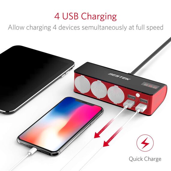 BESTEK 3 Steckdosen, 200 W, 12 V/24 V DC, Zigarettenanzünder-Netzadapter mit 6 A 4-Port-Auto-USB-Splitter-Ladegerät
