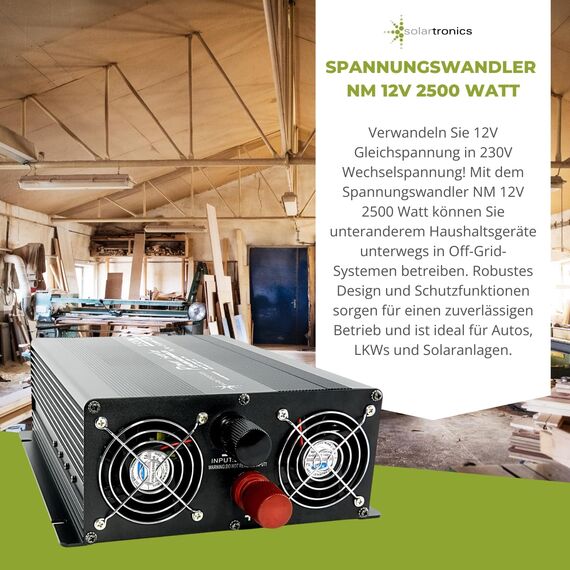 SOLARTRONICS Spannungswandler NM2500 12V 2500 Watt SCHWARZ - 5000 Watt Spitzenleistung - Wechselrichter 12v auf 230v - Blei- oder AGM-Batterie kompatibel - mit Schuko- & USB Anschluss