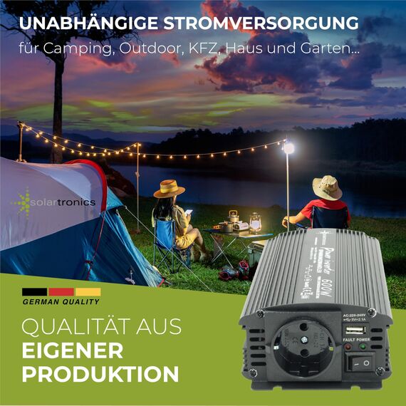 SOLARTRONICS Spannungswandler NM600 12V 600 Watt SCHWARZ - 1200 Watt Spitzenleistung - Wechselrichter 12v auf 230v - Blei- oder AGM-Batterie kompatibel - mit Schuko- & USB Anschluss