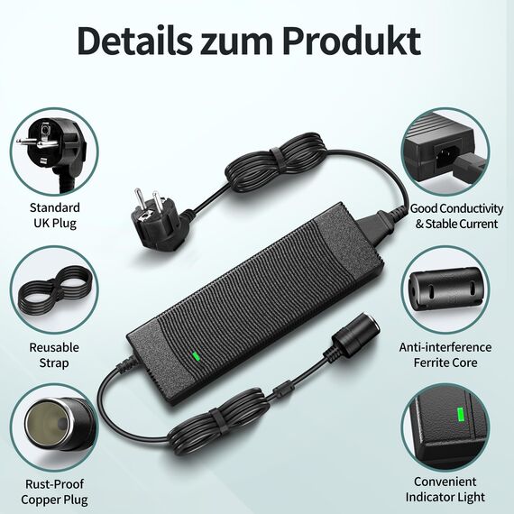 BGFOX 180W/15A KFZ Netzadapter, Spannungswandler 230V auf 12V, 220V Wechselrichter Adapter mit Zigarettenanzünder-Buchse für Kühlbox, Autostaubsauger, Autokühlschrank, Kompressor - Gebaut Kühllüfter