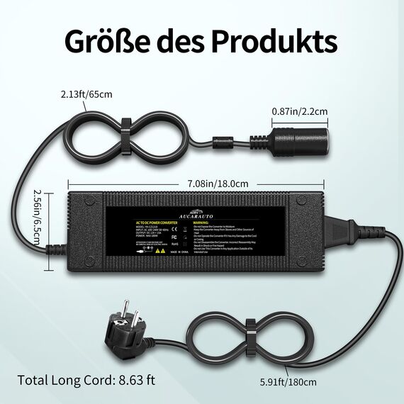 BGFOX 180W/15A KFZ Netzadapter, Spannungswandler 230V auf 12V, 220V Wechselrichter Adapter mit Zigarettenanzünder-Buchse für Kühlbox, Autostaubsauger, Autokühlschrank, Kompressor - Gebaut Kühllüfter