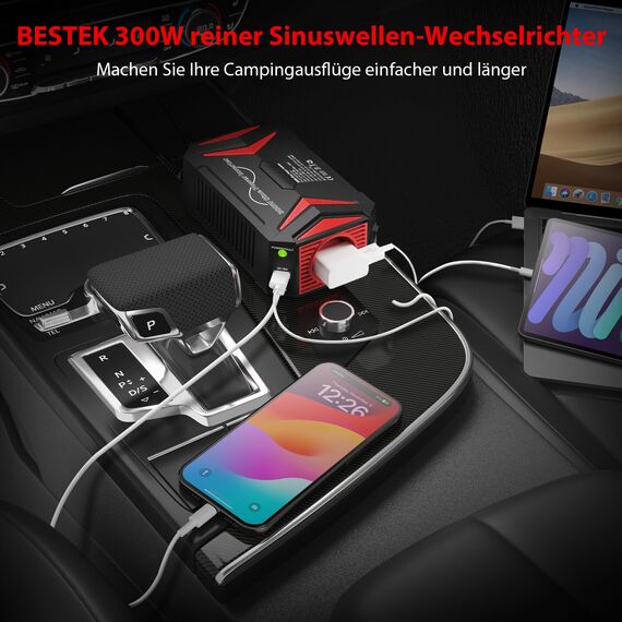 Reiner Sinus wechselrichter 12v auf 230v/BESTEK 300W stromwandler 12 auf 230/steckdose Auto Adapter/Auto wechselrichter,Inverter,inkl. Kfz Zigarettenanzünder Stecker