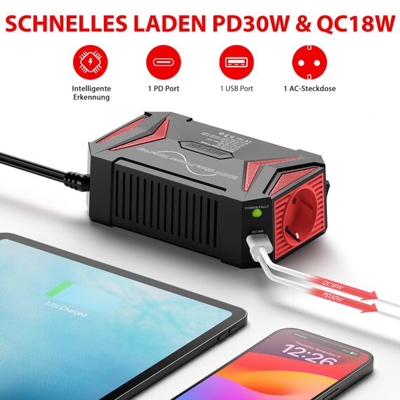 Reiner Sinus wechselrichter 12v auf 230v/BESTEK 300W stromwandler 12 auf 230/steckdose Auto Adapter/Auto wechselrichter,Inverter,inkl. Kfz Zigarettenanzünder Stecker