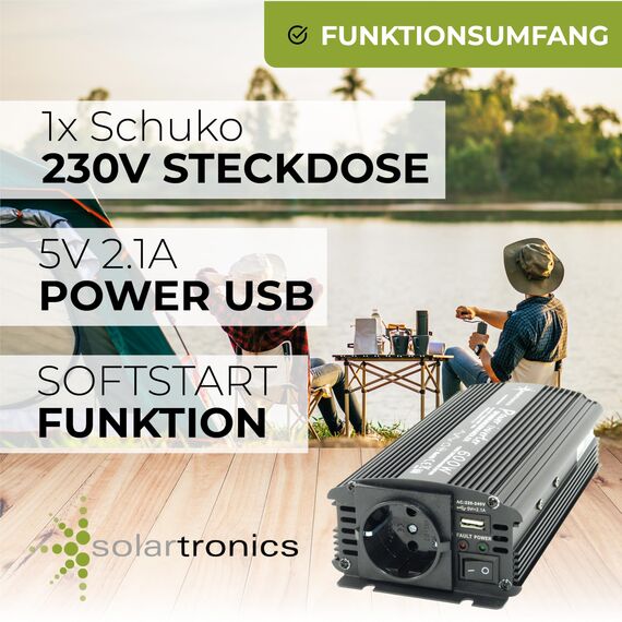 SOLARTRONICS Spannungswandler NM600 12V 600 Watt SCHWARZ - 1200 Watt Spitzenleistung - Wechselrichter 12v auf 230v - Blei- oder AGM-Batterie kompatibel - mit Schuko- & USB Anschluss