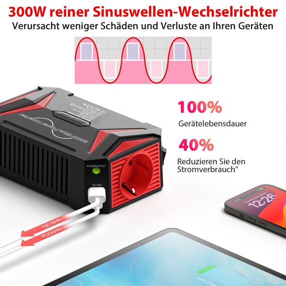 Reiner Sinus wechselrichter 12v auf 230v/BESTEK 300W stromwandler 12 auf 230/steckdose Auto Adapter/Auto wechselrichter,Inverter,inkl. Kfz Zigarettenanzünder Stecker