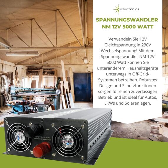 SOLARTRONICS Spannungswandler NM5000 12V 5000 Watt SCHWARZ - 10000 Watt Spitzenleistung - Wechselrichter 12 auf 230v - Blei- oder AGM-Batterie kompatibel - mit Schuko- & USB Anschluss