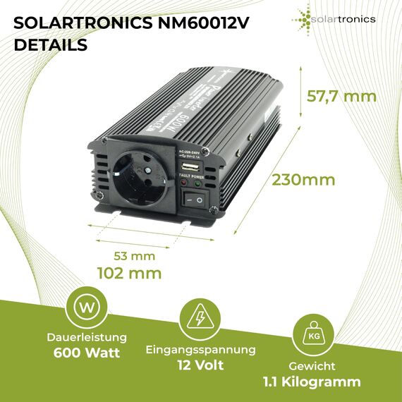 SOLARTRONICS Spannungswandler NM600 12V 600 Watt SCHWARZ - 1200 Watt Spitzenleistung - Wechselrichter 12v auf 230v - Blei- oder AGM-Batterie kompatibel - mit Schuko- & USB Anschluss