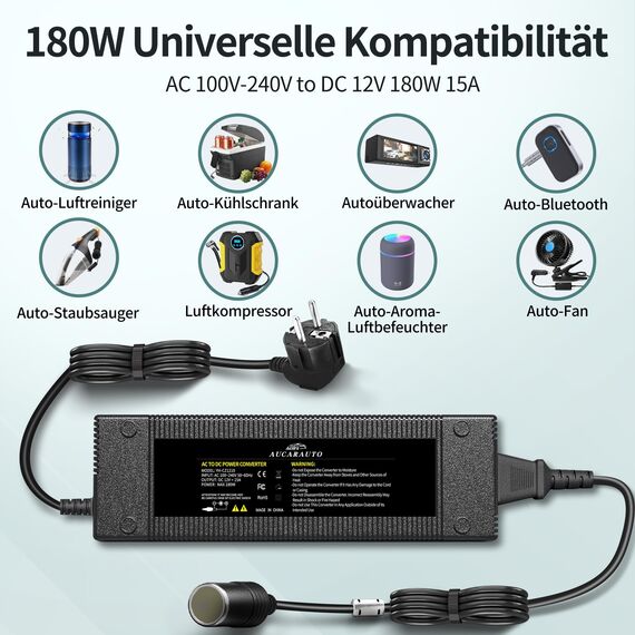 BGFOX 180W/15A KFZ Netzadapter, Spannungswandler 230V auf 12V, 220V Wechselrichter Adapter mit Zigarettenanzünder-Buchse für Kühlbox, Autostaubsauger, Autokühlschrank, Kompressor - Gebaut Kühllüfter