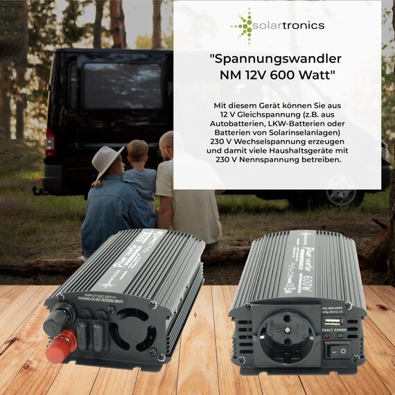 SOLARTRONICS Spannungswandler NM600 12V 600 Watt SCHWARZ - 1200 Watt Spitzenleistung - Wechselrichter 12v auf 230v - Blei- oder AGM-Batterie kompatibel - mit Schuko- & USB Anschluss