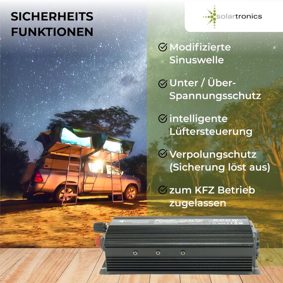 SOLARTRONICS Spannungswandler NM600 12V 600 Watt SCHWARZ - 1200 Watt Spitzenleistung - Wechselrichter 12v auf 230v - Blei- oder AGM-Batterie kompatibel - mit Schuko- & USB Anschluss
