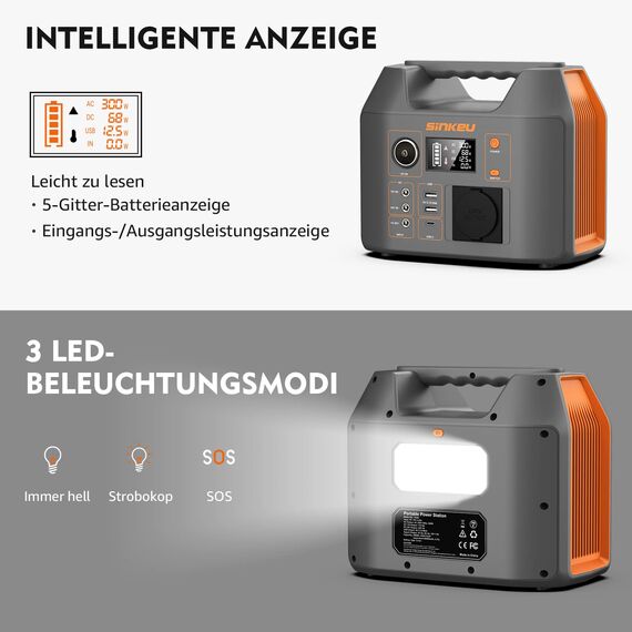SinKeu Tragbare Powerstation 296WH, Solar Generator mit 230V 300W Reine Sinuswelle AC Steckdose,12V DC,USB, TYP-C, LED-Licht, Stromspeicher Notstromaggregat Akku für Camping, Unterwegs,Stromausfälle