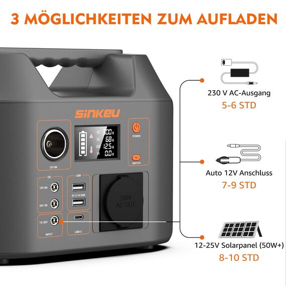 SinKeu Tragbare Powerstation 296WH, Solar Generator mit 230V 300W Reine Sinuswelle AC Steckdose,12V DC,USB, TYP-C, LED-Licht, Stromspeicher Notstromaggregat Akku für Camping, Unterwegs,Stromausfälle