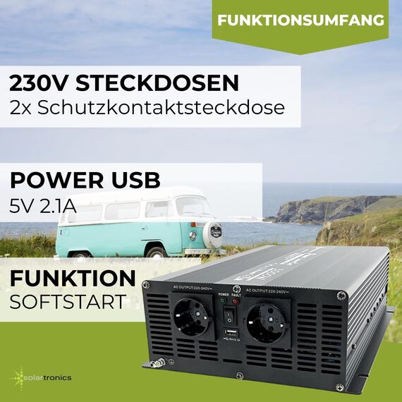 SOLARTRONICS Spannungswandler NM3000 12V 3000 Watt SCHWARZ - 6000 Watt Spitzenleistung - Wechselrichter 12v auf 230v - Blei- oder AGM-Batterie kompatibel - mit Schuko- & USB Anschluss