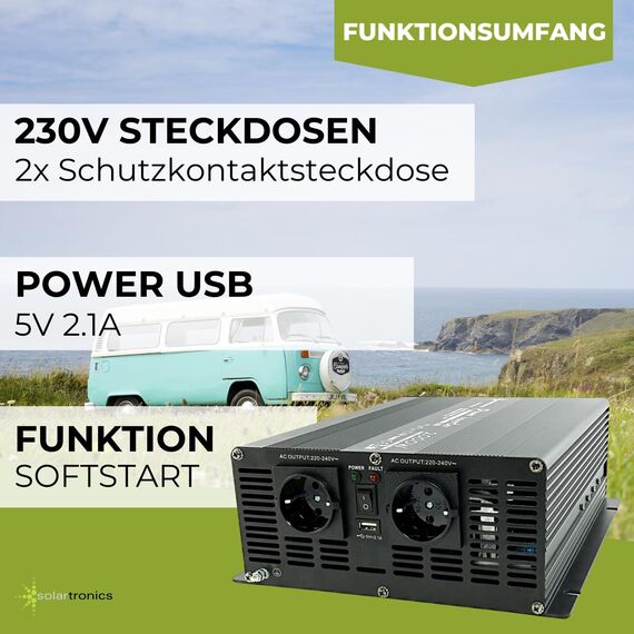 SOLARTRONICS Spannungswandler NM2000 12V 2000 Watt SCHWARZ - 4000 Watt Spitzenleistung - Wechselrichter 12v auf 230v - Blei- oder AGM-Batterie kompatibel - mit Schuko- & USB Anschluss