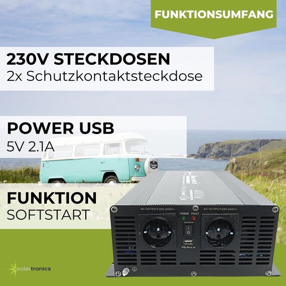 SOLARTRONICS Spannungswandler NM4000 12V 4000 Watt SCHWARZ - 8000 Watt Spitzenleistung - Wechselrichter 12v auf 230v - Blei- oder AGM-Batterie kompatibel - mit Schuko- & USB Anschluss