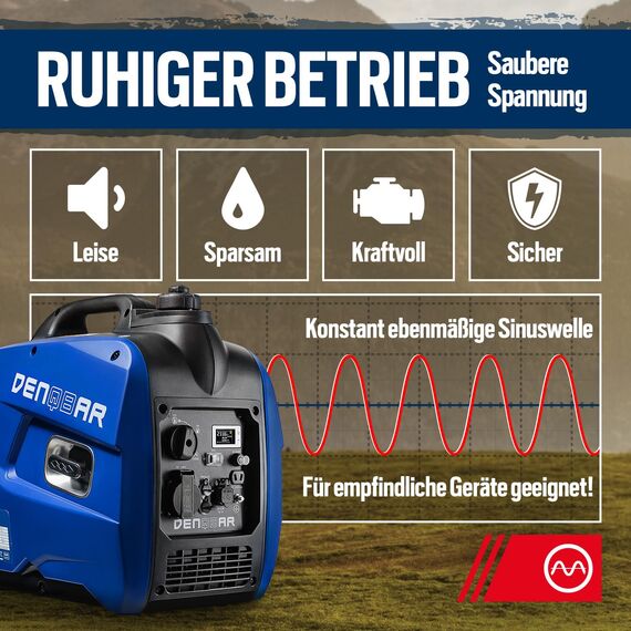 DENQBAR Inverter Stromgenerator DQ-2100 2100W, Benzin Stromerzeuger mit 230V, USB Fast-Load, Superleise, LED Display, tragbar - Für Camping, Outdoor, Baustelle, Reise, Wohnmobil und Notstromaggregat