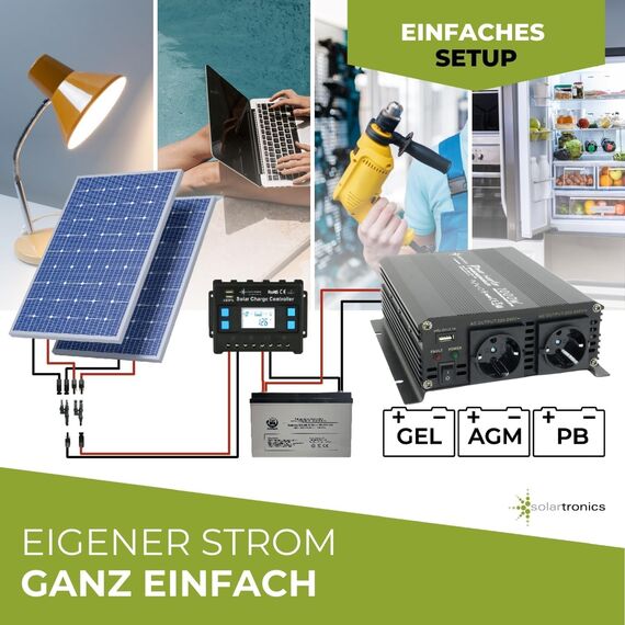 SOLARTRONICS Spannungswandler NM1000 12V 1000 Watt SCHWARZ - 2000 Watt Spitzenleistung - Wechselrichter 12v auf 230v - Blei- oder AGM-Batterie kompatibel - mit Schuko- & USB Anschluss