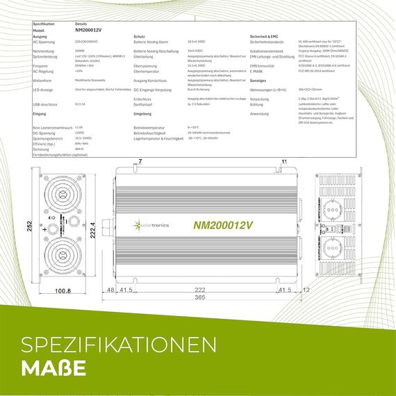 SOLARTRONICS Spannungswandler NM2000 12V 2000 Watt SCHWARZ - 4000 Watt Spitzenleistung - Wechselrichter 12v auf 230v - Blei- oder AGM-Batterie kompatibel - mit Schuko- & USB Anschluss
