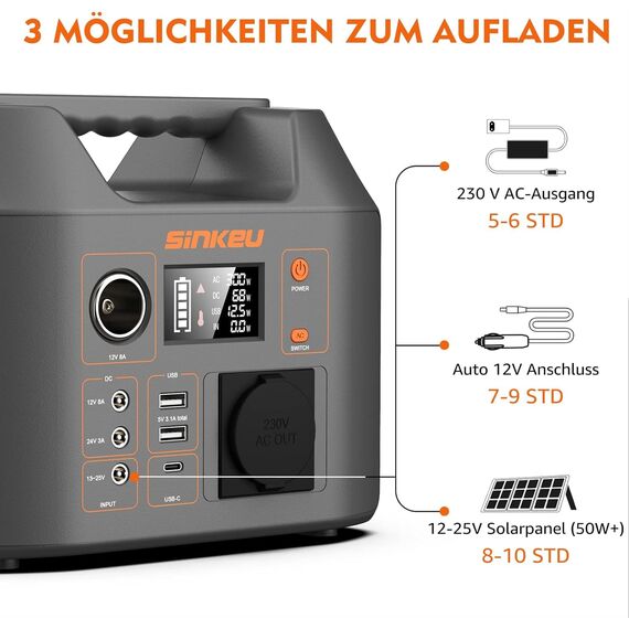 SinKeu Tragbare Powerstation mit 60 W Falt-Solarpanel, 296 Wh Solargenerator mit 230 V AC-Ausgang, 300 W Reine Sinuswelle, LED-Leuchte, Lithium-Akku für Camping, Notstrom & Off-Grid