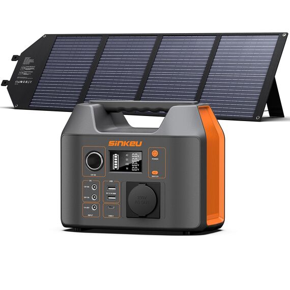 SinKeu Tragbare Powerstation 296 Wh mit 100 W Falt-Solarpanel, Solargenerator mit 230 V AC-Ausgang, 300 W Reine Sinuswelle, LED-Leuchte, Stromgenerator für Camping, Notstrom & Off-Grid