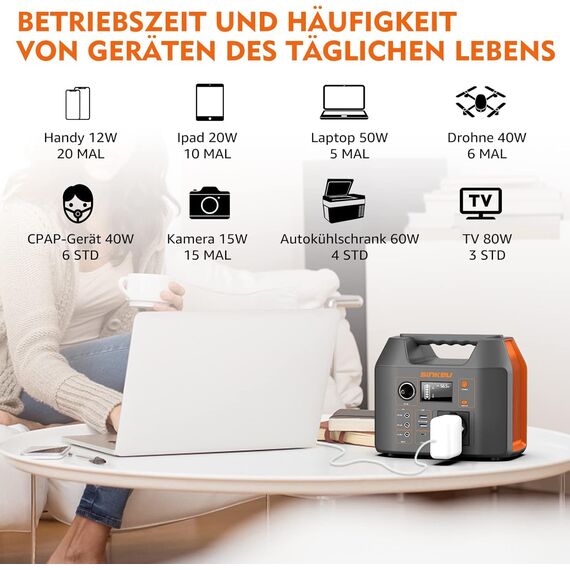 SinKeu Tragbare Powerstation mit 60 W Falt-Solarpanel, 296 Wh Solargenerator mit 230 V AC-Ausgang, 300 W Reine Sinuswelle, LED-Leuchte, Lithium-Akku für Camping, Notstrom & Off-Grid