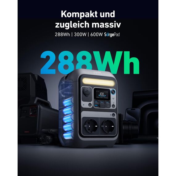 Anker SOLIX C300 Tragbare Powerstation, 288Wh LiFePO4 Akku, 300W (Max 600W) Solargenerator, 140W Beiseitige Schnellladeleistung, Für Camping, Draußen, Reisen, Notfälle, unterwegs (Solarpanel Optional)