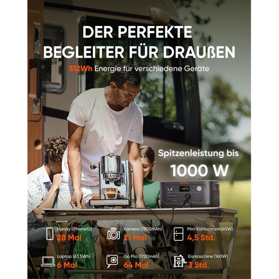 Jackery E500 V2 mit 100W Solarpanel, 513 Wh Tragbare Powerstation & Solargenerator mit 5M Verlängerungskabel für Camping, Wohnmobil & Notfälle, LiFePO4 Akku, 0-80% in nur 52 Minuten