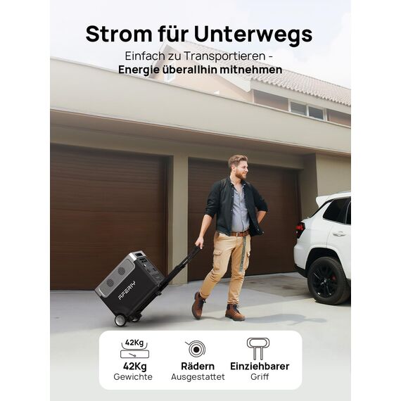 AFERIY 3600W Solargenerator, 3840Wh LiFePO4 Tragbare Powerstation mit USV, 3x230V AC Ausgang 3600W (7200W Peak), Stormerzeuger 2200W Schnelles Stromspeicher Aufladen für Reise, Outdoor-Camping