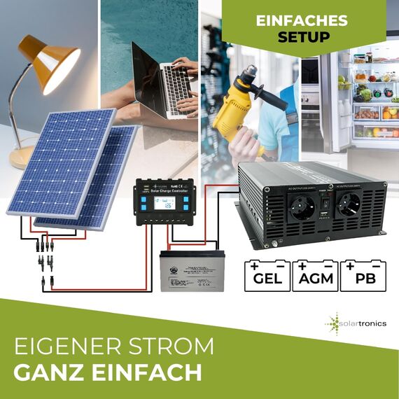 SOLARTRONICS Spannungswandler NM2000 12V 2000 Watt SCHWARZ - 4000 Watt Spitzenleistung - Wechselrichter 12v auf 230v - Blei- oder AGM-Batterie kompatibel - mit Schuko- & USB Anschluss
