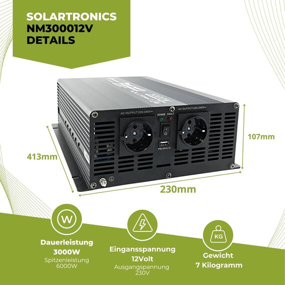 SOLARTRONICS Spannungswandler NM3000 12V 3000 Watt SCHWARZ - 6000 Watt Spitzenleistung - Wechselrichter 12v auf 230v - Blei- oder AGM-Batterie kompatibel - mit Schuko- & USB Anschluss