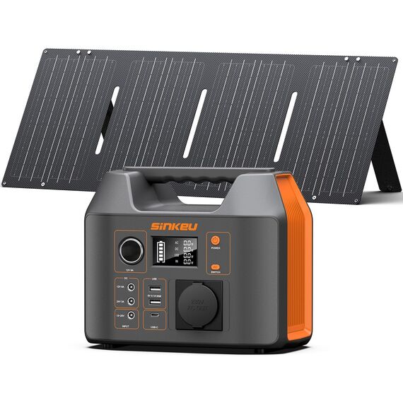SinKeu Tragbare Powerstation mit 60 W Falt-Solarpanel, 296 Wh Solargenerator mit 230 V AC-Ausgang, 300 W Reine Sinuswelle, LED-Leuchte, Lithium-Akku für Camping, Notstrom & Off-Grid