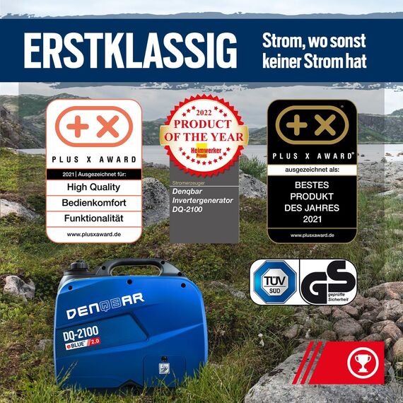 DENQBAR Inverter Stromgenerator DQ-2100 2100W, Benzin Stromerzeuger mit 230V, USB Fast-Load, Superleise, LED Display, tragbar - Für Camping, Outdoor, Baustelle, Reise, Wohnmobil und Notstromaggregat