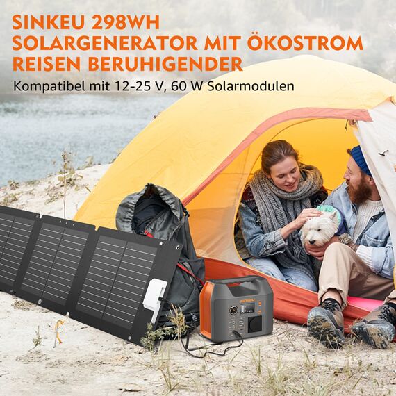 SinKeu Tragbare Powerstation 296WH, Solar Generator mit 230V 300W Reine Sinuswelle AC Steckdose,12V DC,USB, TYP-C, LED-Licht, Stromspeicher Notstromaggregat Akku für Camping, Unterwegs,Stromausfälle
