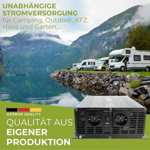 SOLARTRONICS Spannungswandler NM2000 12V 2000 Watt SCHWARZ - 4000 Watt Spitzenleistung - Wechselrichter 12v auf 230v - Blei- oder AGM-Batterie kompatibel - mit Schuko- & USB Anschluss