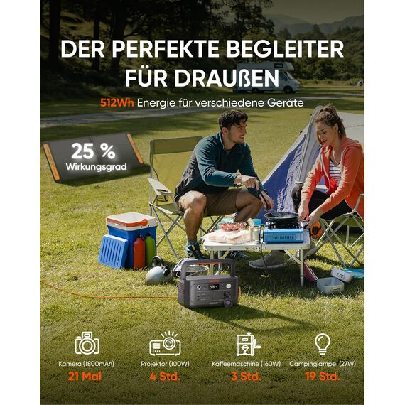 Jackery E500 V2 mit 100W Solarpanel, 513 Wh Tragbare Powerstation & Solargenerator mit 5M Verlängerungskabel für Camping, Wohnmobil & Notfälle, LiFePO4 Akku, 0-80% in nur 52 Minuten
