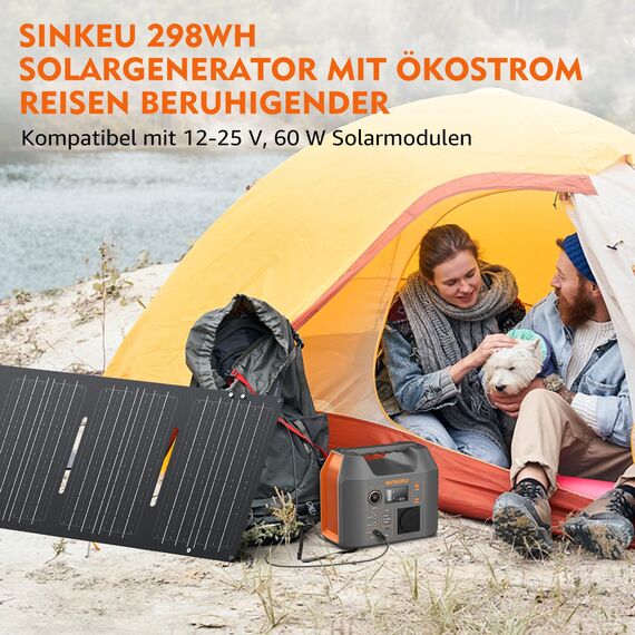 SinKeu Tragbare Powerstation mit 60 W Falt-Solarpanel, 296 Wh Solargenerator mit 230 V AC-Ausgang, 300 W Reine Sinuswelle, LED-Leuchte, Lithium-Akku für Camping, Notstrom & Off-Grid