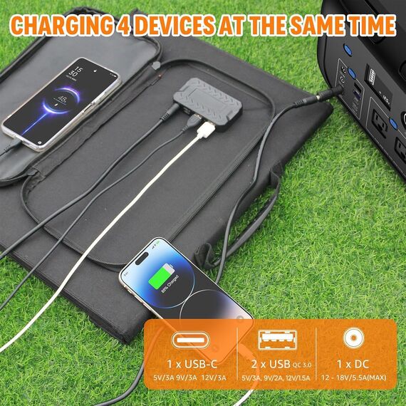 SinKeu Tragbare Powerstation 296 Wh mit 100 W Falt-Solarpanel, Solargenerator mit 230 V AC-Ausgang, 300 W Reine Sinuswelle, LED-Leuchte, Stromgenerator für Camping, Notstrom & Off-Grid