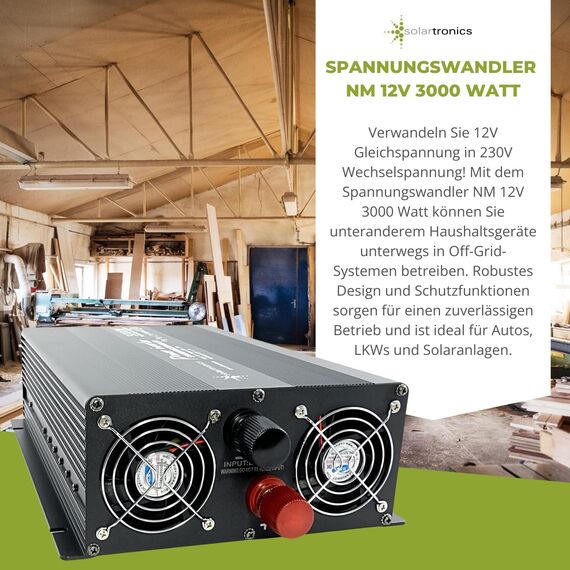 SOLARTRONICS Spannungswandler NM3000 12V 3000 Watt SCHWARZ - 6000 Watt Spitzenleistung - Wechselrichter 12v auf 230v - Blei- oder AGM-Batterie kompatibel - mit Schuko- & USB Anschluss